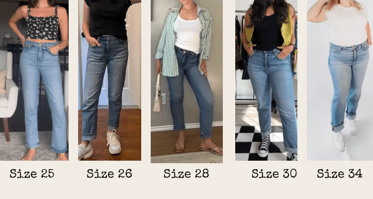 Five Ginger and Dandelion customers wearing jeans in sizes 25, 26, 28, 30, and 34