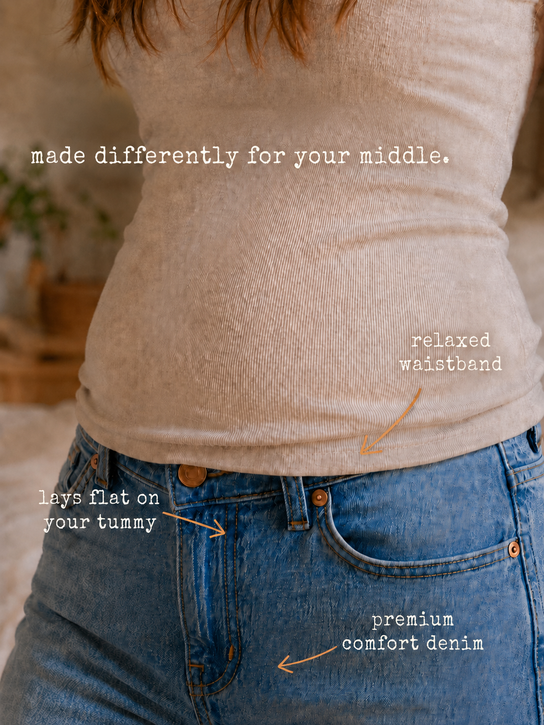 The Girlfriend Jean showing its relaxed waistband, smooth front, and premium comfort denim