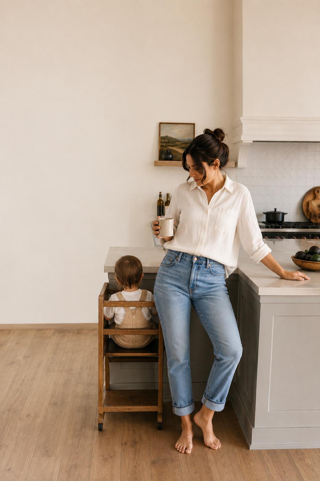 A woman at home wearing high-rise medium blue jeans with a relaxed waistband